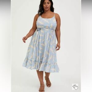 Torrid Midi Challis Feather Print Shirred Dress Size 1X